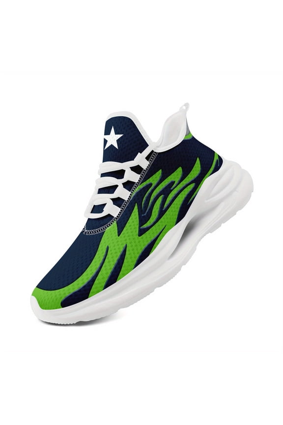 Men's Plus Size Sneakers - Bold Green Flame Pattern Trainers, Cushioned Midsole & EVA Sole for Gym, Running, Walking - All-Season Low-Top Lace-Up Running Shoes in Neon Green