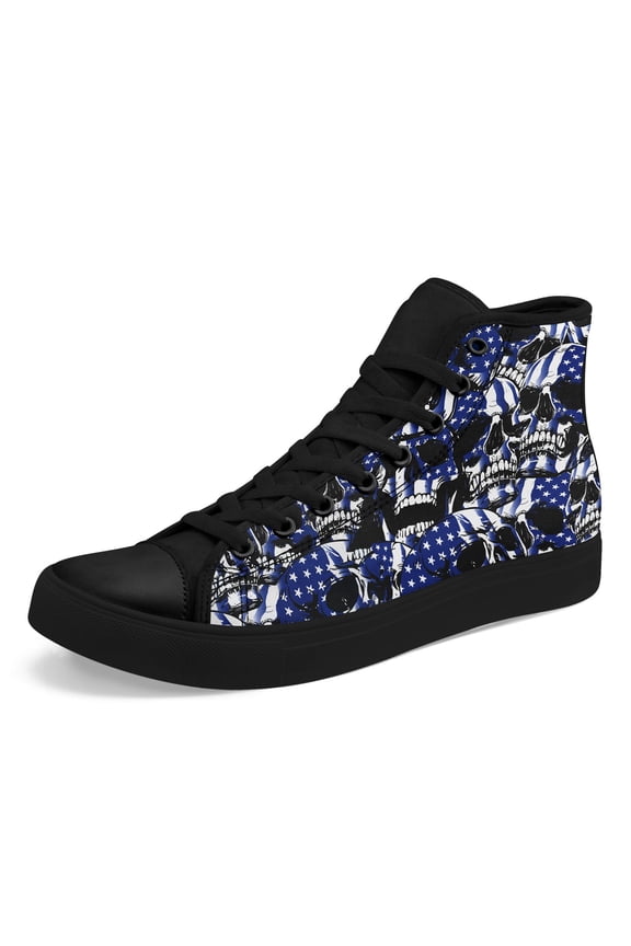 Men's Plus Size Stars & Stripes Skull Print Street Casual Sneakers | High Top, Lace-Up, Comfortable, Fashionable for Walking, Travel, Skate, Daily Style Casual Shoes