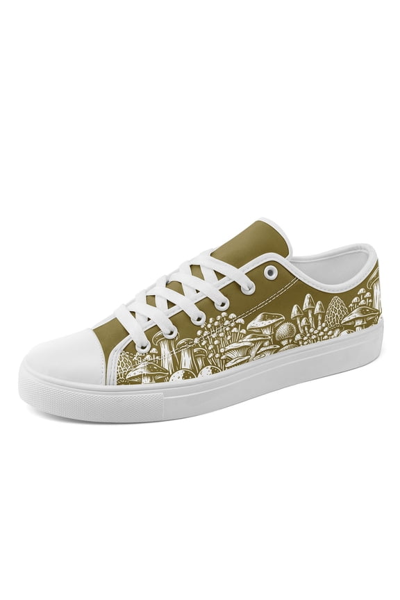 Men's Plus Size Stylish Olive Green Brown Fungi Design Print Lace-Up Casual Sneakers, Comfort Lightweight Dailywear Canvas Shoes, Round Toe Low Top Casual Shoes for Casual Attire/Office