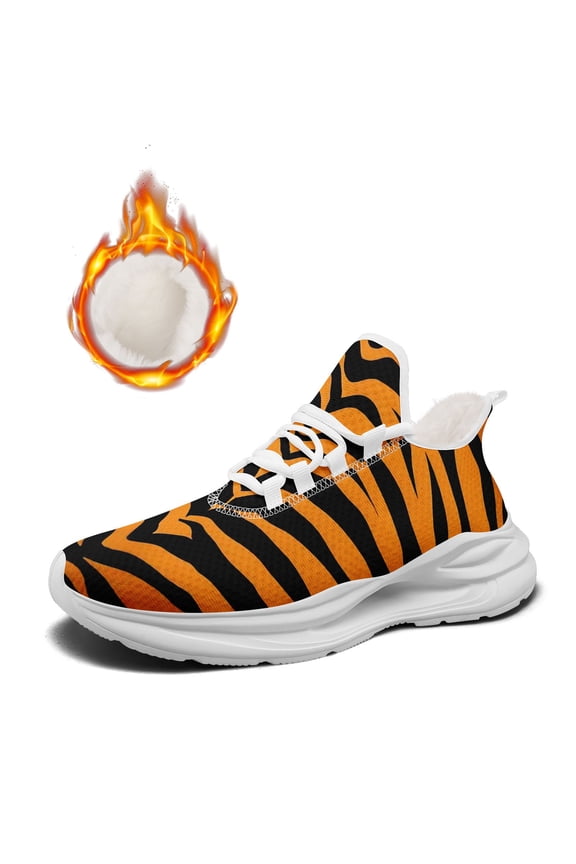 Men's Plush Lined Tiger Stripe Running Shoes - Lightweight Low-Top Sneakers with Cushioned Sole, Warm Winter/cool-weather Sport Shoes, Training & Casual Wear, Fashion Womens Trainer
