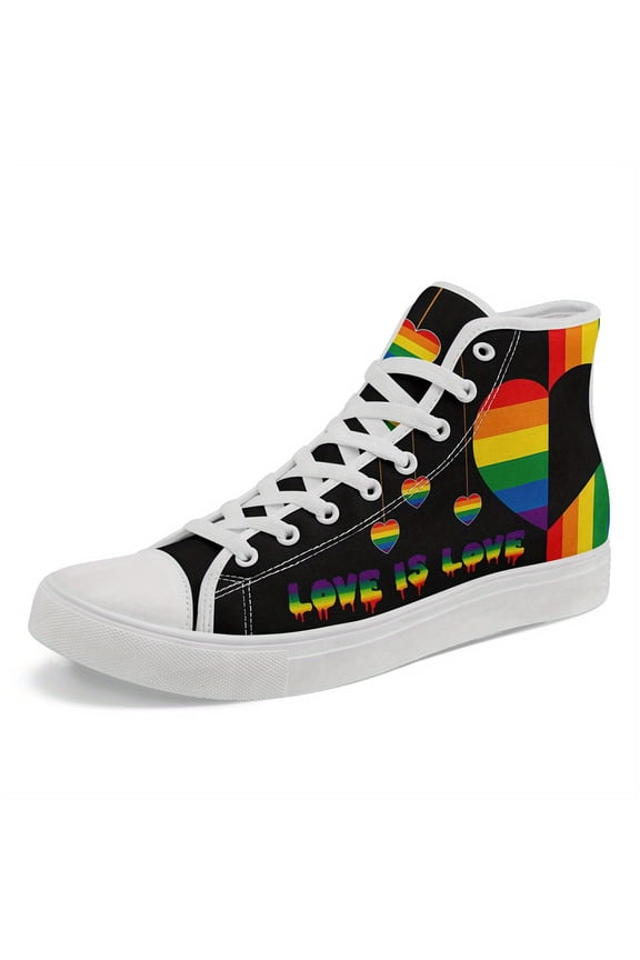 Men's Pride Month High-top Sneakers, Rainbow & Heart Design, Non-Slip Durable Rubber Sole, Breathable Fabric Upper for Casual, Gym, Walking - Couple Casual Boots, Pride Month Gifts