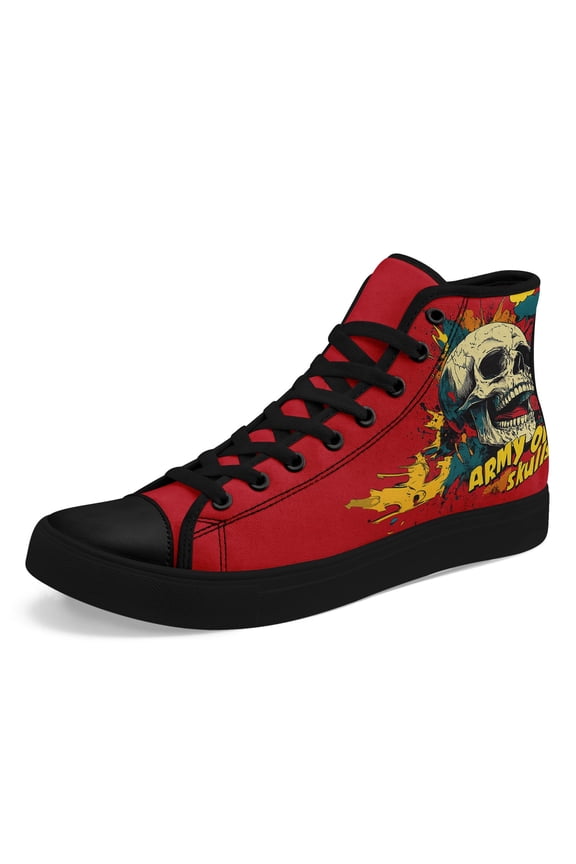Men's Punk Rock Sneakers, Army of Skulls Gothic Shoes with Lace-Up, High-top Edgy Streetwear Boots for Concerts - Bold Red & Black Colorway - Concert Footwear, Alternative Urban Fashion
