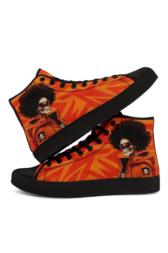 Men's Punk Rock Sneakers - Orange Graphic High-top Casual Shoes, Lace-Up Closure & Cushioned Insole - Urban Streetwear for Skateboarding, Concerts - Edgy Goth Boots for Men, Punk Shoes