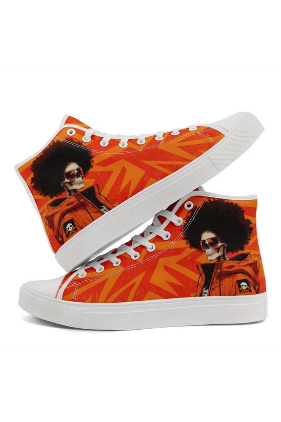 Men's Punk Rock Sneakers - Orange Graphic High-top Casual Shoes, Lace-Up Closure & Cushioned Insole - Urban Streetwear for Skateboarding, Concerts - Edgy Goth Boots for Men, Punk Shoes