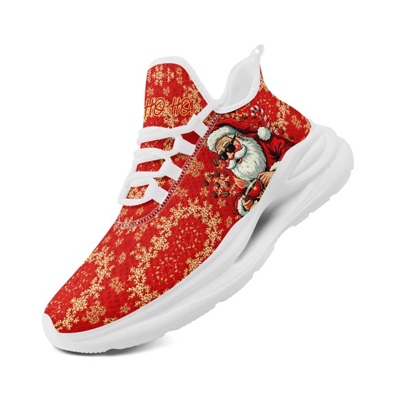 Coolcustomize Men's Santa Claus & Reindeer Print Sneakers, Breathable Low-Top Lace-Up Running Shoes with Red & Golden Holiday Design, EVA Cushioned Sole Trainers For Christmas Parties & Casual Attire