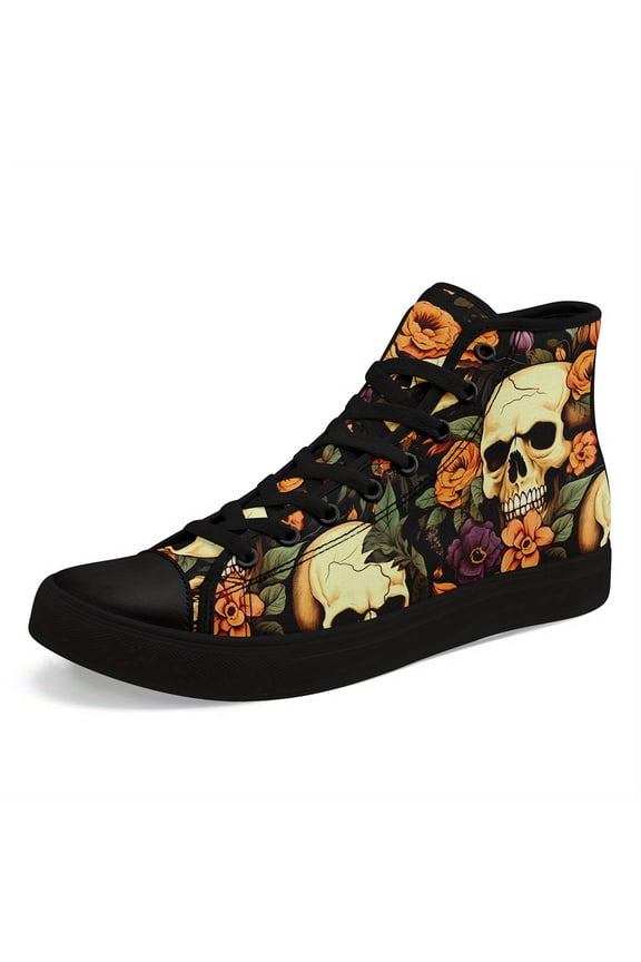 Men's Skull & Floral Art Design High-Top Casual Sneakers, Trendy, Durable, Stylish Sneakers for Daily Wear, Street Style, Outdoor Activities, Plus Size Comfortable Durable Sole Shoes