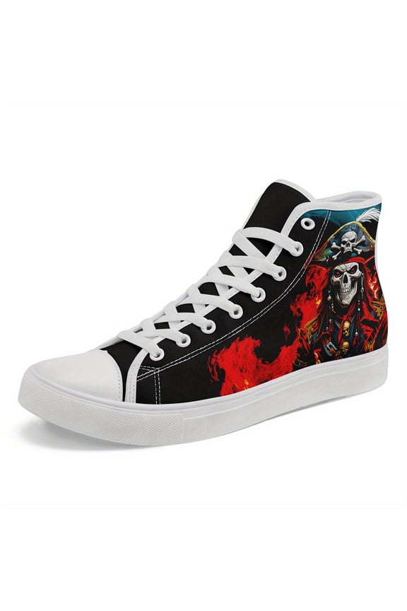 Men's Skull Pirate High Top Sneakers - Gothic Flame Design, Red/Black/Grey Lace-Up Casual Shoes for Streetwear & Punk Festivals, Durable Rubber Sole, Breathable Fabric Casual Boots