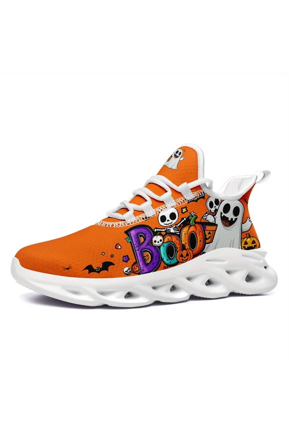 Men's Spooky Glow-in-the-Dark-like Effect Low-Top Sneakers with Jack-O-Lantern/Charm, Orange Treat Shoes for Halloween, Lightweight Casual Trainers with Wiggly-Eye Ghosts & Bats Design