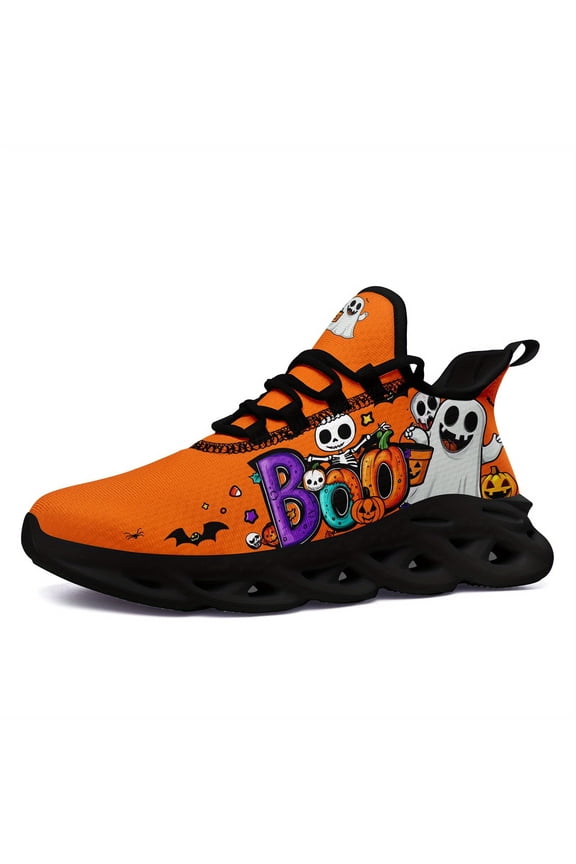 Men's Spooky Glow-in-the-Dark-like Effect Low-Top Sneakers with Jack-O-Lantern/Charm, Orange Treat Shoes for Halloween, Lightweight Casual Trainers with Wiggly-Eye Ghosts & Bats Design