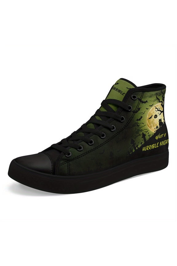 Men's Spooky Halloween-themed High-top Sneakers - Stylish Casual & Comfortable Sport Shoes with Creepy Moon & Bat Design, Perfect Gift for Festive Wear, Black, Halloween Boots