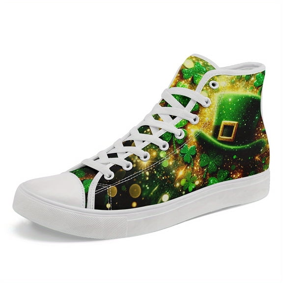 Coolcustomize Men's St. Patrick'S Day High-Top Sneakers - Vibrant Four Leaf Clover & Beer Mug Design, Comfortable Canvas, Durable Lace-Up Casual Shoes for Streetwear & Daily Wear| Vibrant Shoe Design