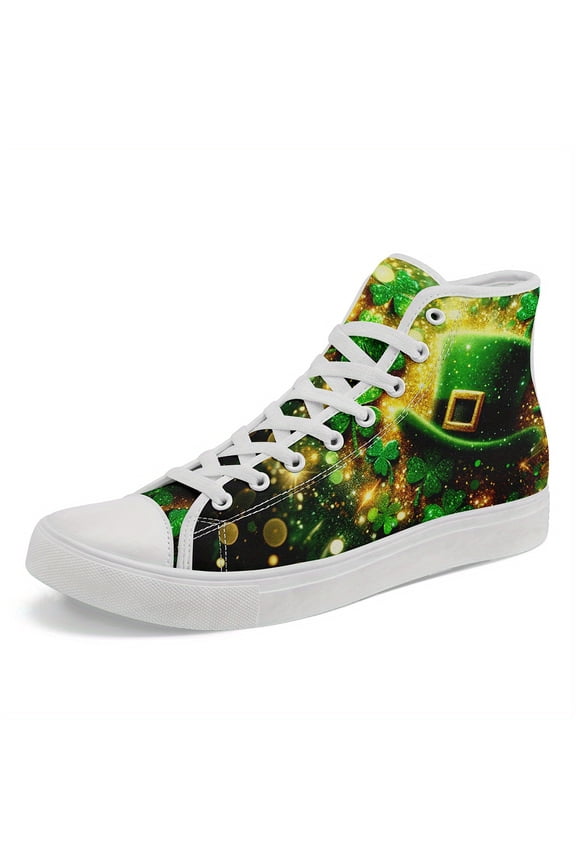 Men's St. Patrick'S Day High-Top Sneakers - Vibrant Four Leaf Clover & Beer Mug Design, Comfortable Canvas, Durable Lace-Up Casual Shoes for Streetwear & Daily Wear| Vibrant Shoe Design