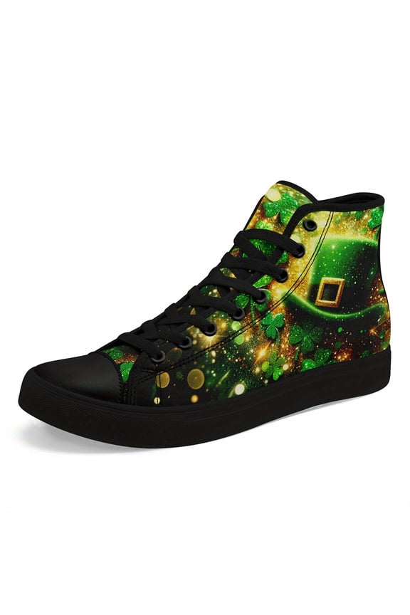 Men's St. Patrick'S Day High-Top Sneakers - Vibrant Four Leaf Clover & Beer Mug Design, Comfortable Canvas, Durable Lace-Up Casual Shoes for Streetwear & Daily Wear| Vibrant Shoe Design