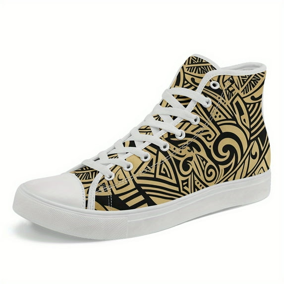 Coolcustomize Men's Stylish High-Top Casual Sneakers with Bold Tribal Pattern - Lightweight & Breathable Fabric Upper for Daily Wear, Street Style, Casual Footwear | Stylish High Top Casual Boots