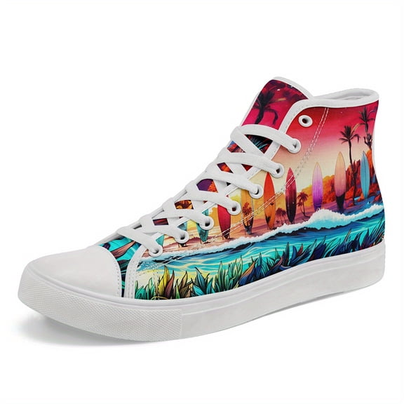 Coolcustomize Men's Summer Colorful Surfboard Graphic High-Top Sneakers - Comfortable Walking Shoes for Beach Vibes, Casual Outdoors, Summer Holidays, Casual Attire, Womens Trendy Streetwear Footwear