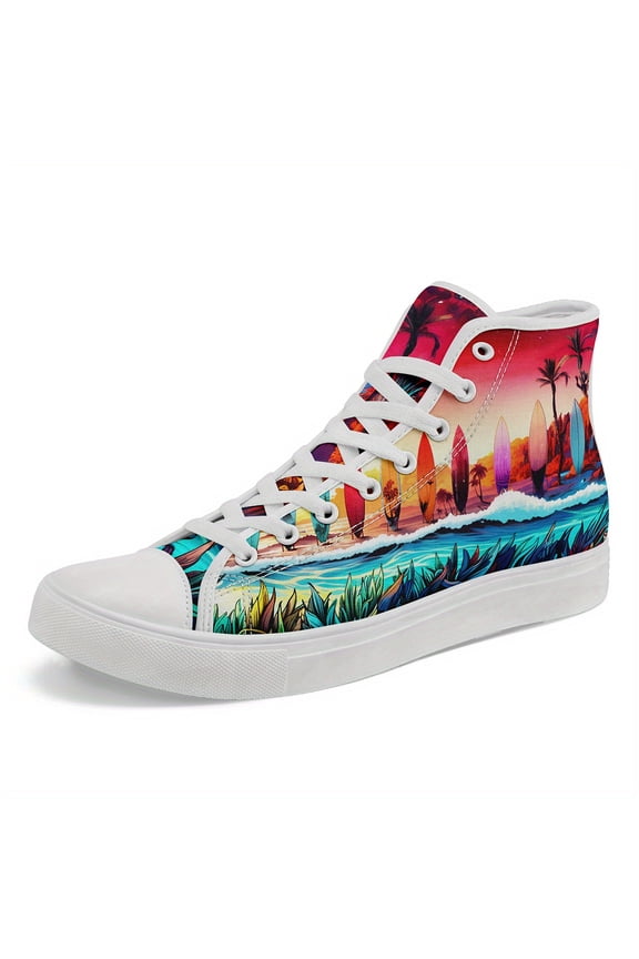 Men's Summer Colorful Surfboard Graphic High-Top Sneakers - Comfortable Walking Shoes for Beach Vibes, Casual Outdoors, Summer Holidays, Casual Attire, Womens Trendy Streetwear Footwear