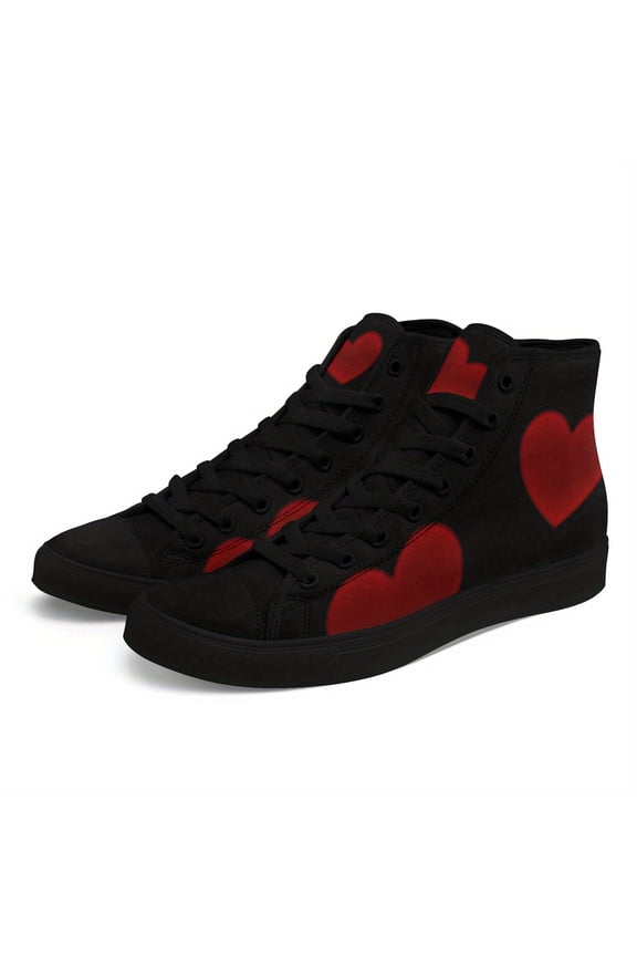 Men's Sweetheart Heart Pattern High-top Sneakers, Stylish Black & Red Design, Lace-Up Casual Boots for Daily Wear, Perfect Gift for Couples/Valentine's Day, Outdoor Trendy Casual Shoes