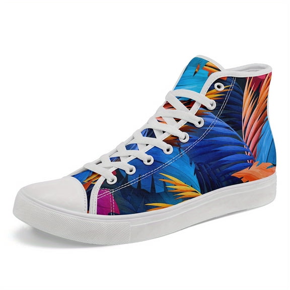 Coolcustomize Men's Tropical High-Top Sneakers, Breathable Fabric, Casual Shoes with Vibrant Blue & Orange Leaf Design, White Laces & Rubber Sole for Summer, Vacation & Casual Street Style