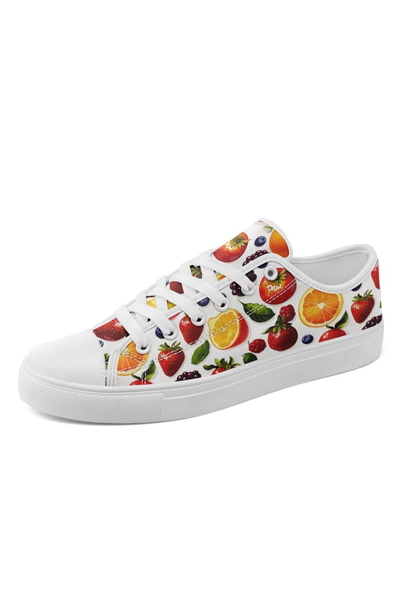 Men's Vibrant Mixed Fruit Pattern Sneakers, Yellow/Red/Green/White, Lightweight Dailywear Plus Size Canvas Shoes, Fashoin Round Toe Lace-Up Low Top Casual Shoes for Outdoor Walk/Office
