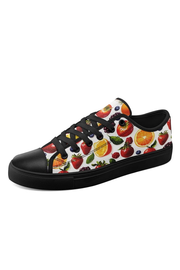 Men's Vibrant Mixed Fruit Pattern Sneakers, Yellow/Red/Green/White, Lightweight Dailywear Plus Size Canvas Shoes, Fashoin Round Toe Lace-Up Low Top Casual Shoes for Outdoor Walk/Office
