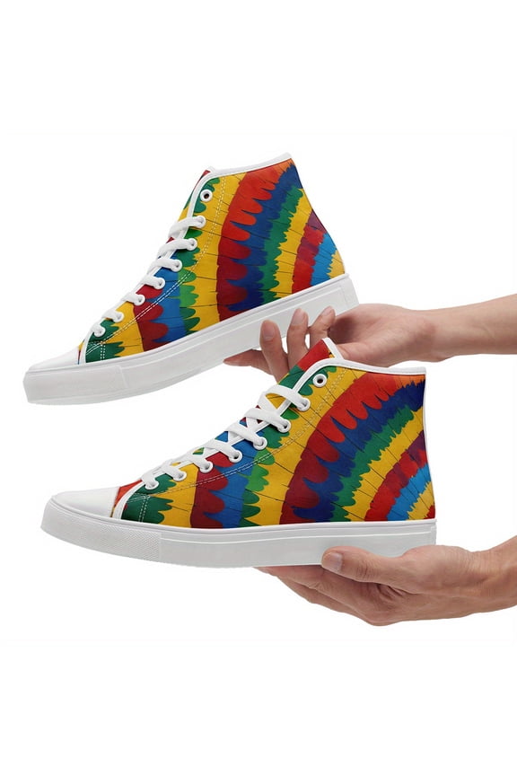 Men's Vibrant Rainbow Feather High-Top Sneakers, Lightweight, Lace-Up Design for Casual Streetwear, Outdoor Activities, Outdoor Footwear, Stylish Laceup Shoes, Comfortable Fabric Insole