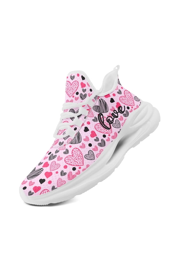 Men's Wide Fit Sneakers - Breathable Low-Top Valentine's Pink "Love" Heart Print Comfortable Cushioning, Lace-Up Trainers Suitable for Outdoor & Daily Wear - Couple's Running Shoes