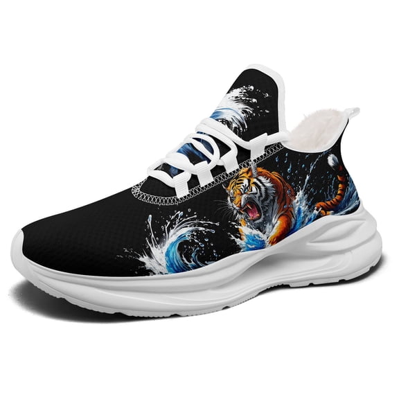 Coolcustomize Men's Winter Plush-Lined Tiger-Stripe Sneakers, Low-Top Lace-Up Sneakers with Cushioned Sole, Warm Cozy for tennis, Gym, & Daily Wear Unisex's Trainer - Tiger-Stripe Pattern Sport Shoes