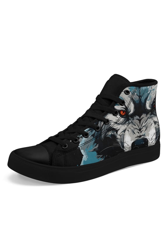 Men's Wolf Face High-top Sneakers, Casual Shoes with Wolf Print (Blue/White/Black) - Lace-Up Boots for Outdoor, Casual & Gym - All-Season Wear - Comfortable Round-Toe Design