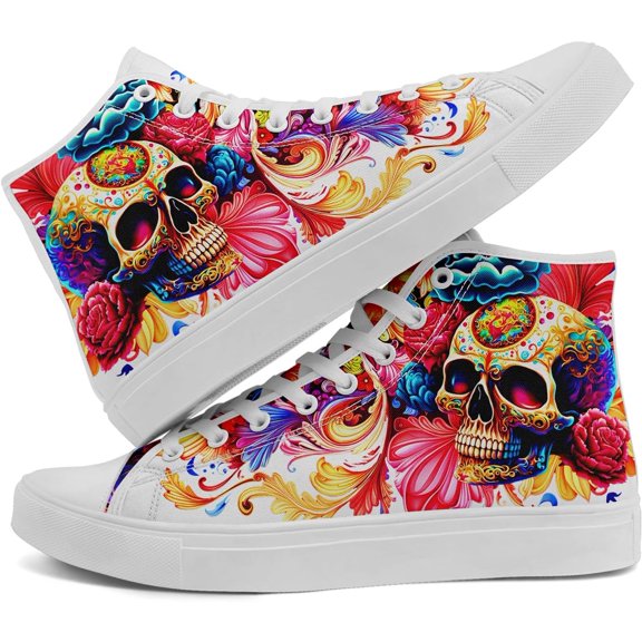 Coolcustomize Men's & Women's High Top Canvas Shoes Wide, Colorful Skull Design, Fashion Hi Top Casual Sneakers, Unisex Casual Lace Up Walking Shoes