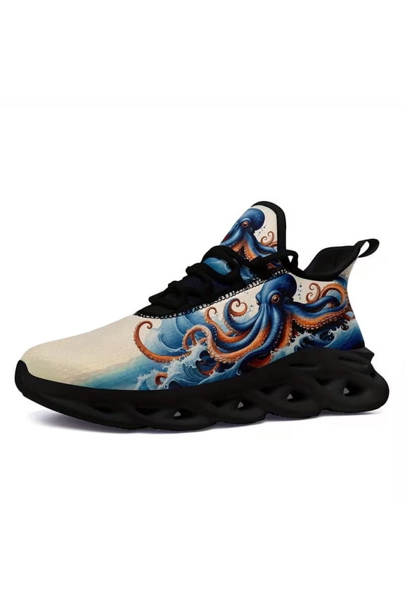 Men's & Women's Mid Top Sneakers Wide Comfortable Plus Size, Personalized Gothic Octopus Design Printed Sport Shoes, Beige Blue Trainers