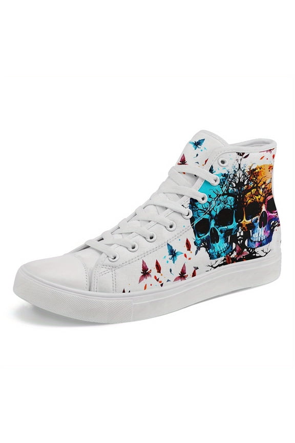 Men's & Women's Plus Size Gothic Skull & Neon Accent High-top Sneakers - Blue/Purple/Orange/Pink/Green - Lace-Up Ankle Boots-like Design, Casual & Statement Shoes for Parties, Festivals