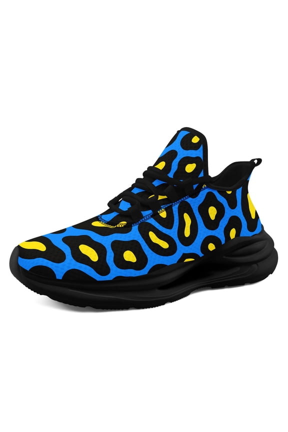 Mens Blue & Yellow Leopard Print Sneakers - Low-Top Casual Streetwear with Round Toe, Fabric Upper & Cushioned Sole for All-Season Outdoor and Casual Attire, Trendy Wild Animal Footwear