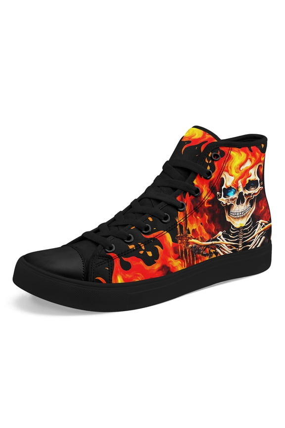 Mens Gothic High-top Sneakers, Lightweight Breathable Fabric Upper & Rubber Sole, Lace-Up Ankle Boots for Hiking, Running, Casual Wear, All-Season Comfort with Bold Skull Graphic Design