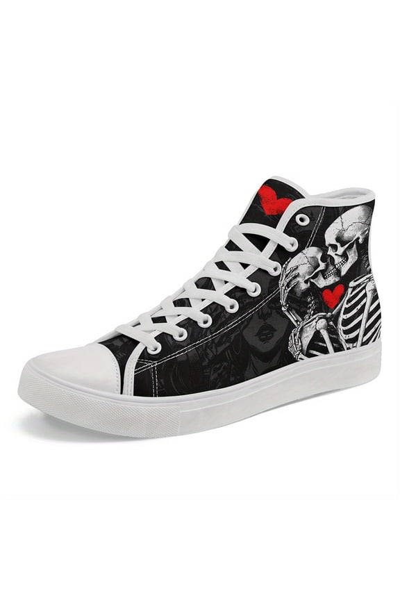 Mens Gothic Skeleton Couple Shoes, High-top Sneakers with Lace-Up Closure Boot, All-Black & Red for Halloween, Valentine's, Edgy Streetwear Footwear, Unique Graphic Print Festival Shoes