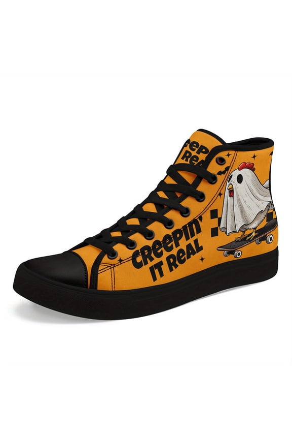 Mens Halloween Sneakers, Orange/Black High-top Shoes, Lace-Up Closure Spooky Streetwear for Halloween Parties & Everyday - Plus Size Casual Shoes, Party Footwear, Skateboard Theme Boots