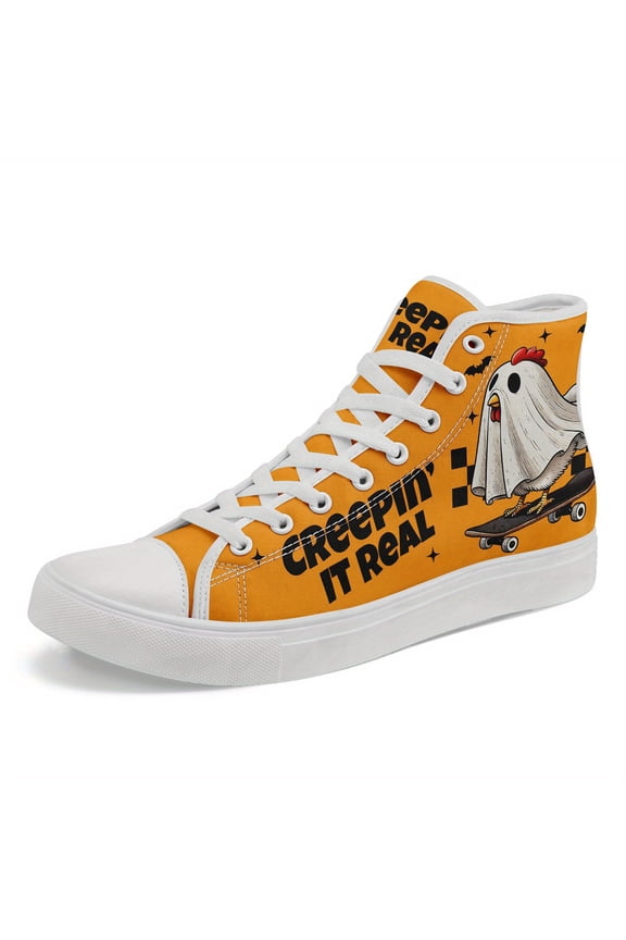 Mens Halloween Sneakers, Orange/Black High-top Shoes, Lace-Up Closure Spooky Streetwear for Halloween Parties & Everyday - Plus Size Casual Shoes, Party Footwear, Skateboard Theme Boots