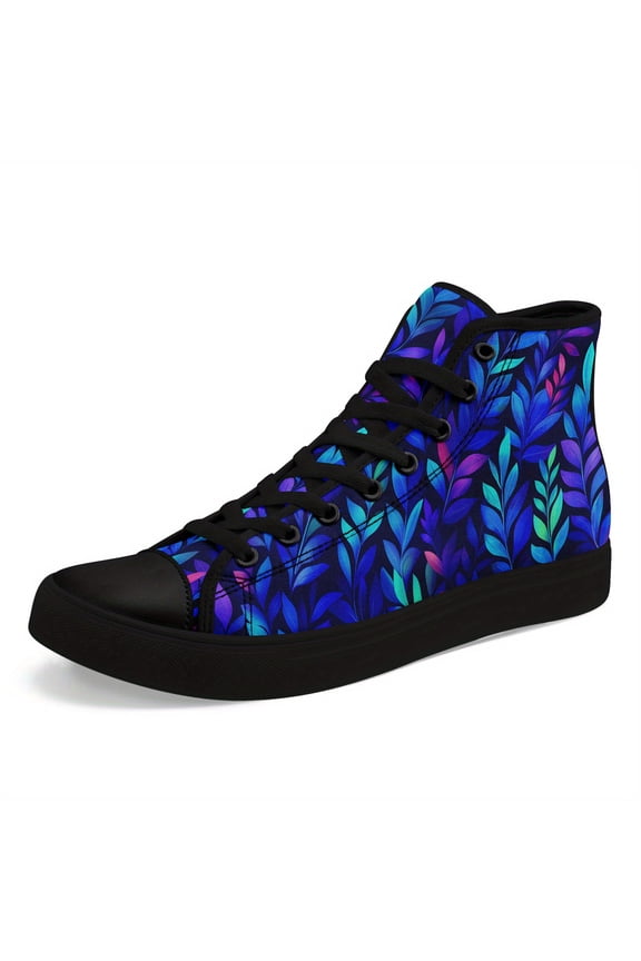 Mens Lightweight Breathable High-top Sneakers, Lace-Up Shoes, Nature Botanical Floral rint in Blue/Green/Purple/Black/Teal - Streetwear, Formal, Vibrant Pattern, Casual Stylish Footwear