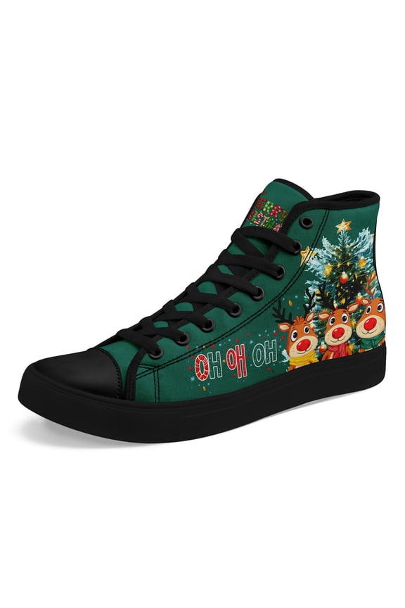 Mens Plus Size Christmas Reindeer Tree Print High-Top Sneakers, Festive Red/Green Holiday Design with "Oh Holy Night" Text, Perfect Christmas Gift for Family, Stylish Street Style Shoes