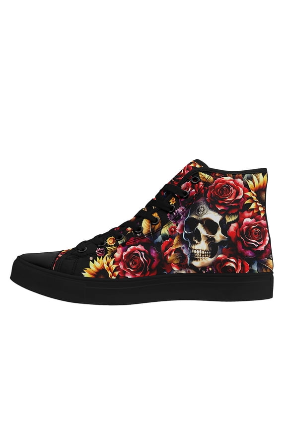 Mens Plus Size Gothic Romance Skull & Rose Print High Top Sneakers, Stylish Casual Sports Shoes for Running, Halloween & Festivals, Lace-Up Design, Vibrant Floral Patterns, Gothic Boots