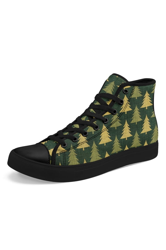 Mens Plus Size High-Top Sneakers with Retro Christmas Tree Print, Lace-Up Winter Shoes, Rubber Sole Traction for Daily Walking, Outdoor Travel & Christmas Parties Gift