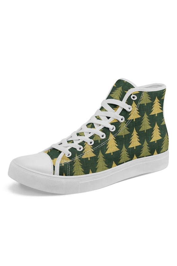 Mens Plus Size High-Top Sneakers with Retro Christmas Tree Print, Lace-Up Winter Shoes, Rubber Sole Traction for Daily Walking, Outdoor Travel & Christmas Parties Gift