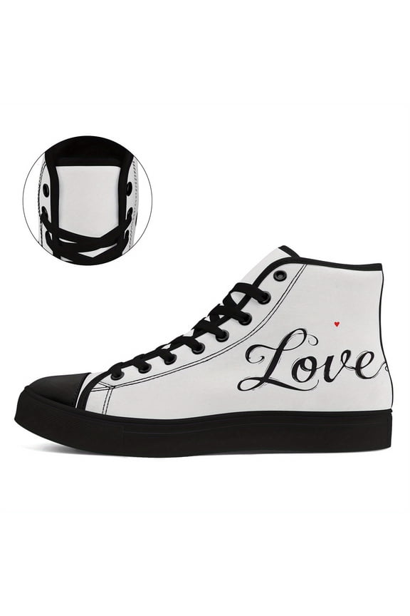 Mens Plus Size Love Print High Top Sneakers, Romantic Style Casual Couple Shoes, Perfect for Dates, Streetwear & Casual Attire, Stylish Durable for Sports, Perfect Sweet Gift for Lovers