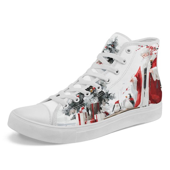 Coolcustomize Mens Plus Size Merry Christmas High-top Sneakers, Santa & Tree Holiday Design with Red & Striped Laces, Casual Shoes for Outdoor, Travel, Daily Wear, Festive Gift Couple, Seasonal Boots