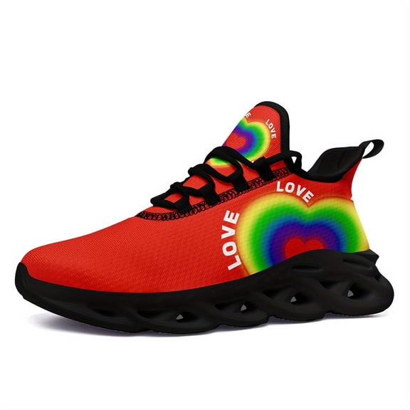 Coolcustomize Mens Rainbow Pride Running Shoes, Breathable Slip-On Sneakers with Vibrant Rainbow Heart & LOVE Design, Comfortable EVA Sole for Walking, Daily Wear - Perfect Gift for Pride Celebration