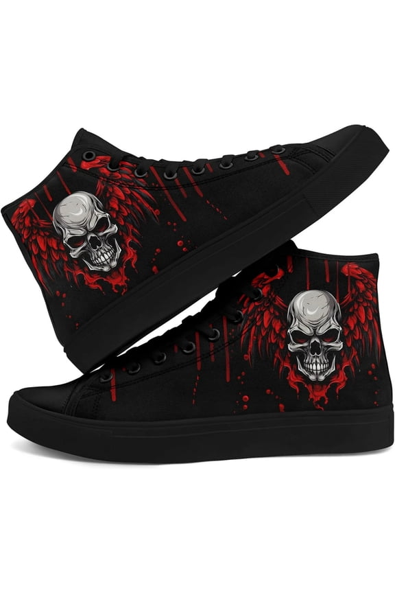 Mens & Womens Gothic Skull Rose High Top Canvas Shoes, Red Black Punk Rock Floral Cool Lace-Up Casual Sneaker, Edgy Streetwear Aesthetic