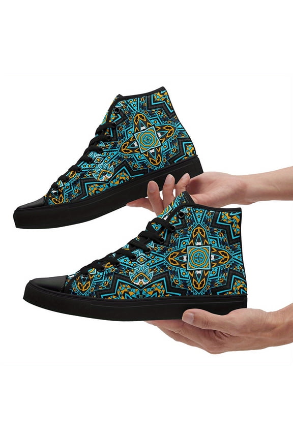 Mens & Womens High-top Ethnic Style Sneakers, Trendy Blue, Black & Orange Geometric Pattern, Breathable Fabric Upper & Durable Rubber Sole Casual Shoes, Bold Design Versatile Footwear