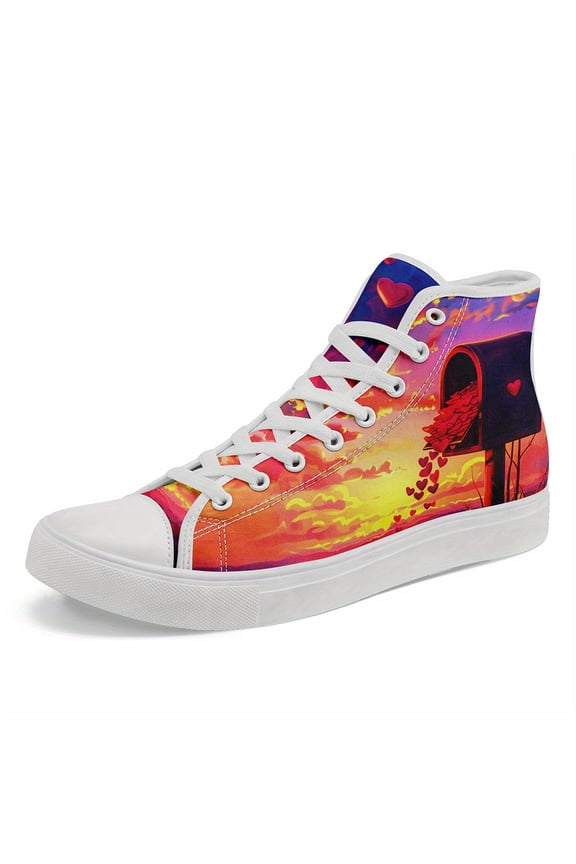 Mens & Womens High-top Sneakers with Heart Design - Vibrant Sunset Gradient, Fabric Upper & Rubber Sole, Stylish Casual Shoes for Casual Attire, All-Season Wear, High Top Casual Boots