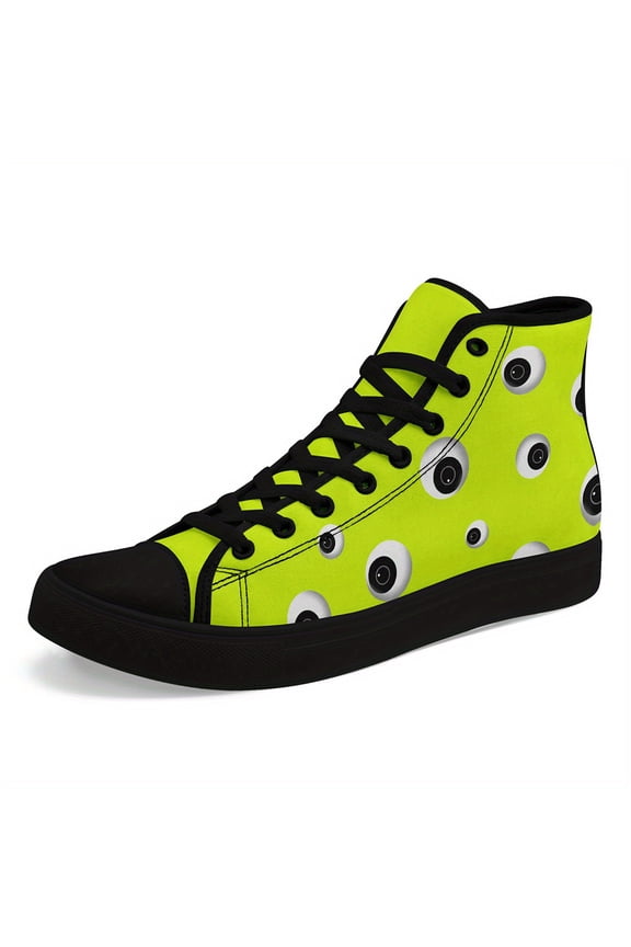 Mens & Womens High-top Sneakers, Neon Green Eye-like Patterns, Soft Cushioned Rubber Sole, Streetwear Shoes for Skateboarding, Concerts, Daily, Bold Statement Shoes for Edgy Fashion