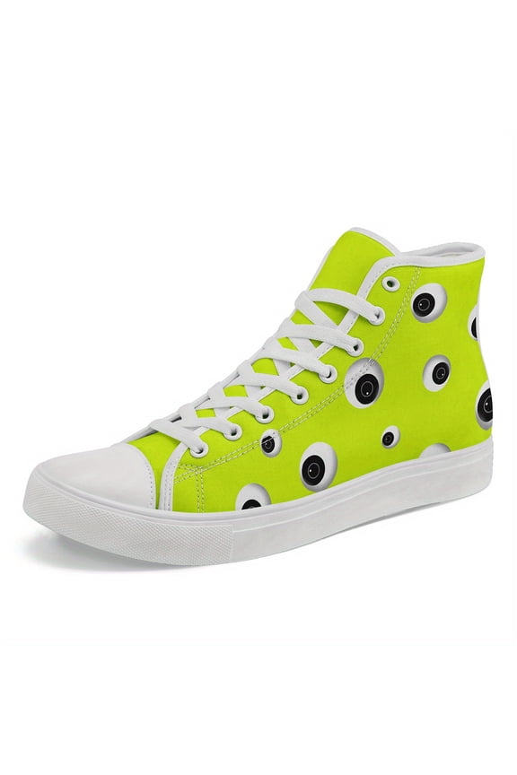 Mens & Womens High-top Sneakers, Neon Green Eye-like Patterns, Soft Cushioned Rubber Sole, Streetwear Shoes for Skateboarding, Concerts, Daily, Bold Statement Shoes for Edgy Fashion