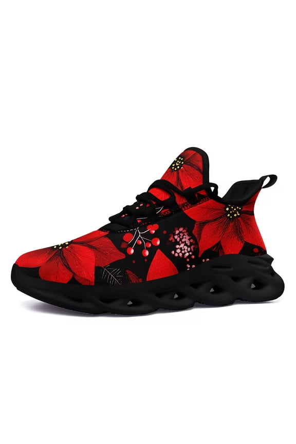 Mens & Womens Lightweight Breathable Sneakers with Festive Poinsettia Design, Mid Top Athletic Walking Shoes Suitable for Casual Wear